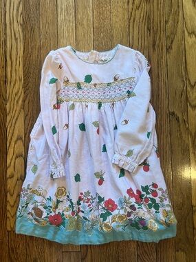 Mini Boden Pink Floral Border Smocked Long-Sleeve Dress
